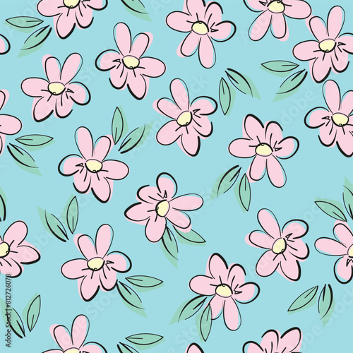 seamless pattern Cute little flowers on the blue background vector illustration