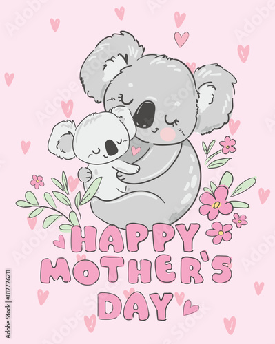 Mother's day greeting card. Vector banner with cute koala.