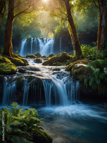 Immersive fantasy landscape reveals panoramic vistas adorned with breathtaking waterfalls.