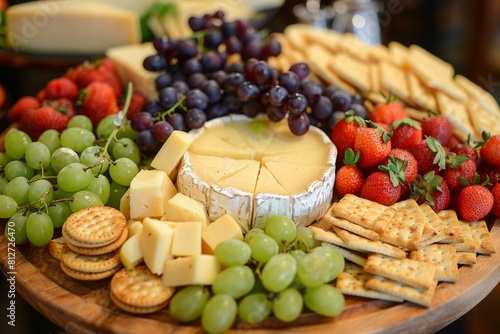 Culinary Creations: Artisanal Cheese Platter with Assorted Crackers and Fruits photo