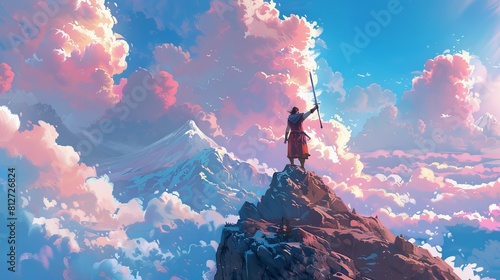 Concept art depicts the hero standing triumphantly atop a majestic mountain peak, embodying strength, resilience, and the spirit of adventure.