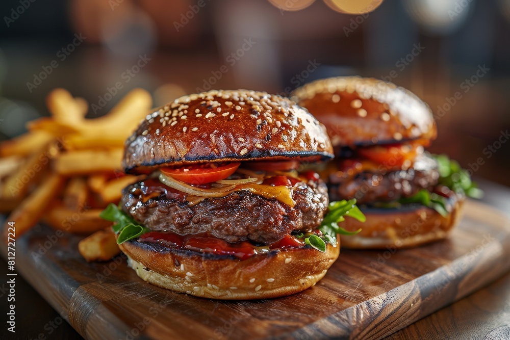 Culinary Creations: Gourmet Burgers and Fries on a Wooden Serving Board Culinary Creations: Gourmet Burgers and Fries on a Wooden Serving Board