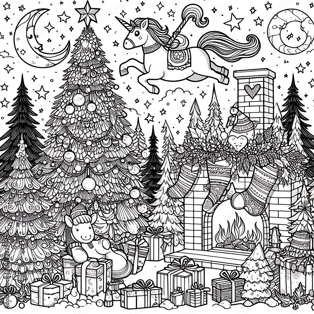 A coloring page of a christmas tree and presents image art realistic photo card design illustrator. A coloring page of a christmas tree and presents image art realistic photo card design illustrator.
