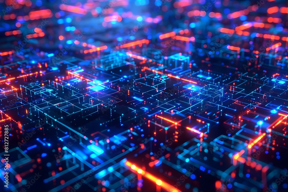 A computer generated image of a cityscape with blue and red lights. The image is full of bright colors and has a futuristic feel to it A computer generated image of a cityscape with blue and red lights. The image is full of bright colors and has a futuristic feel to it