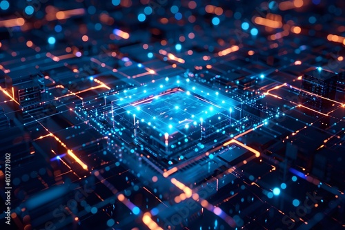 A computer chip is lit up in a blue and orange color scheme. The chip is surrounded by a network of glowing lines and dots. Concept of technology and innovation, with the bright colors