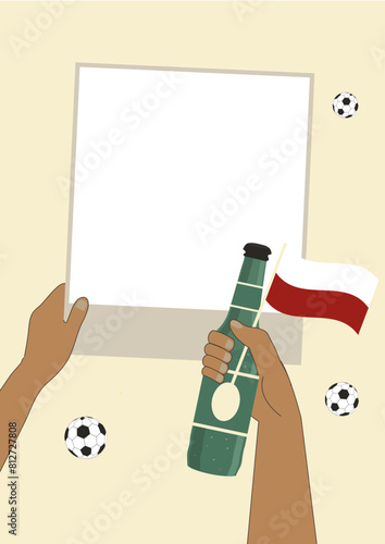 Soccer 2024. UEFA Football. European football championship. Empty Polaroid Frame. Transparent background. Hand holding poland flag and beer bottle. Support poland team. Vector. Concept of memories
