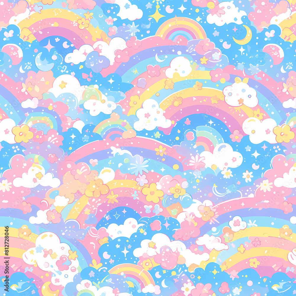 Feast your eyes on our vibrant seamless pattern stock image featuring a dreamy sky filled with colorful rainbows and fluffy clouds. This eye-catching design is perfect for your next creative project!