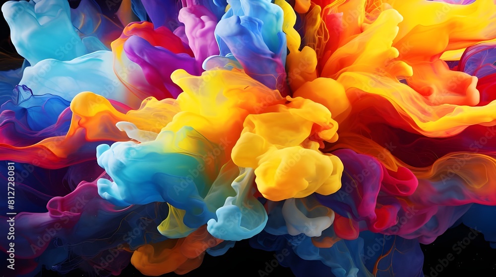 A digital painting of a cloud of multicolored smoke against a black background. The smoke appears to be made of red, orange, yellow, blue, and purple ink. Abstract background.