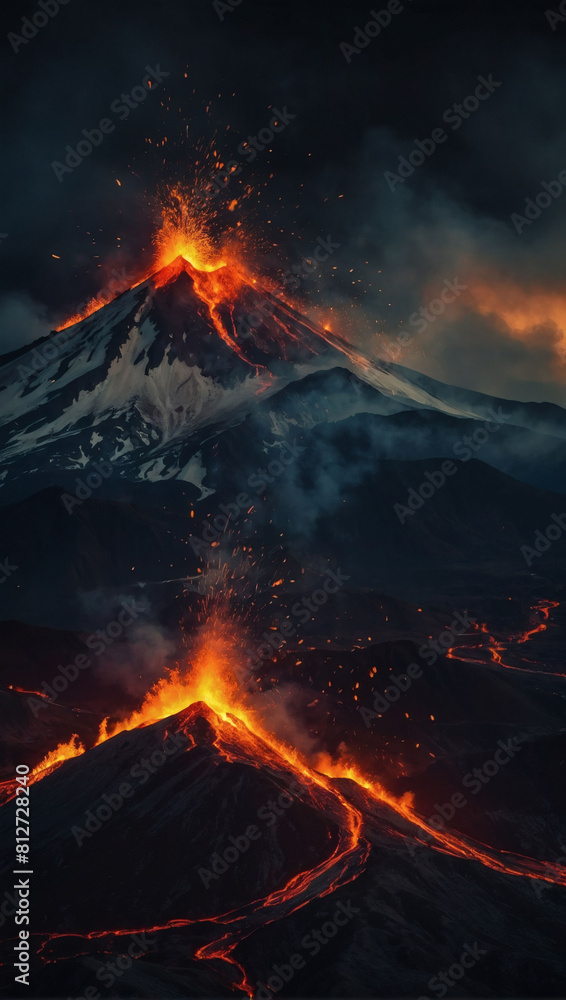 Infernal Peaks, Dark Fantasy Landscape with Hills Ablaze, Volcano Spewing Fire