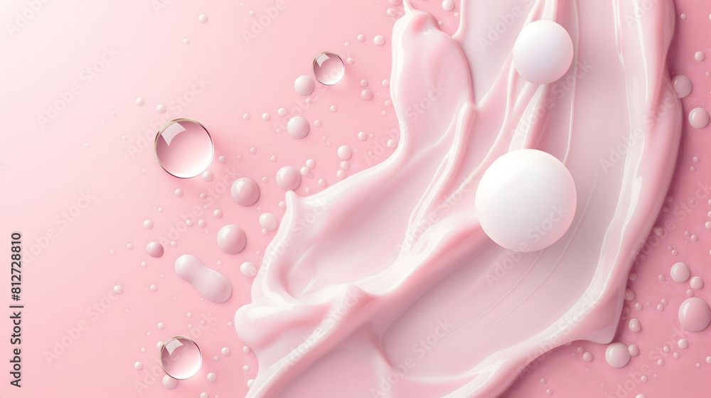 Elegant photo of pink fluid and droplets on a soft pink background, highlighting gloss and texture Elegant photo of pink fluid and droplets on a soft pink background, highlighting gloss and texture