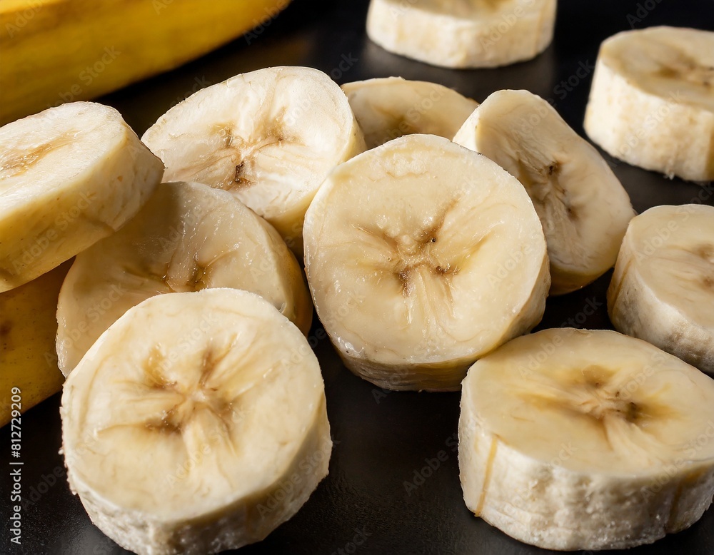 a lot of banana slices close-up on a black background texture a lot of banana slices close-up on a black background texture