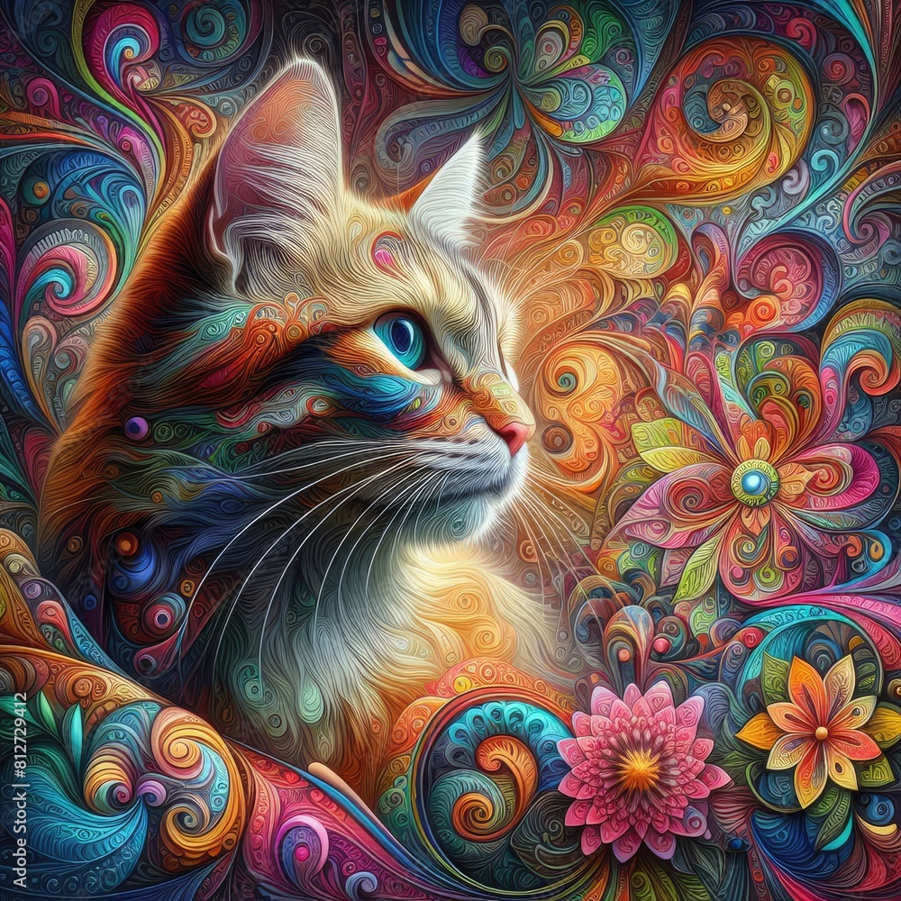 Fototapeta A cat with colorful swirls photo attractive lively used for printing illustrator.