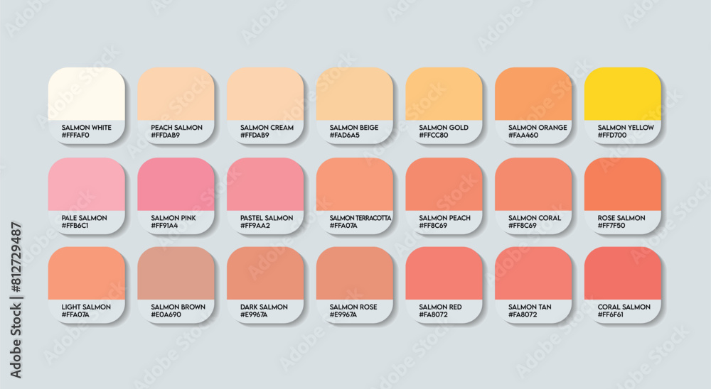 Salmon Color Guide Palette with color Names. Catalog Samples of Salmon
