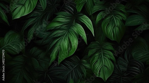 Green Tropical Leaves Dark Mysterious Background - Generative AI