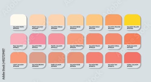 Salmon Color Guide Palette with color Names. Catalog Samples of Salmon with RGB HEX codes and Names. Color Palette Vector, Wood and Plastic Salmon Color Palette, Fashion Trend Pink Colors Palette