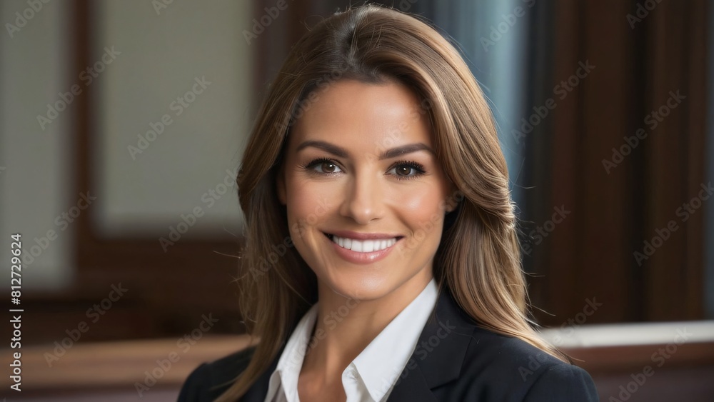 happy pretty smiling professional businesswoman, a happy confident positive female entrepreneur standing indoors in an office, looking at camera