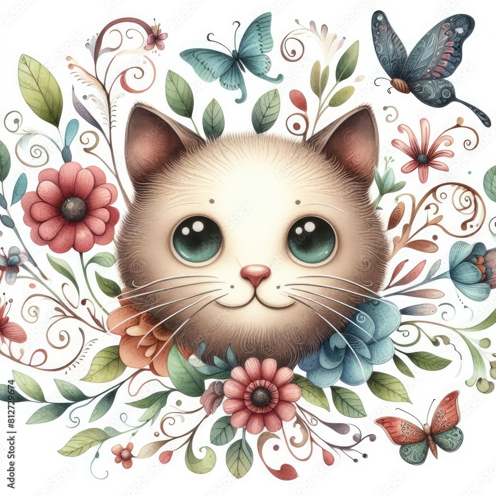 A cat with flowers and butterflies photo photo lively card design illustrator.