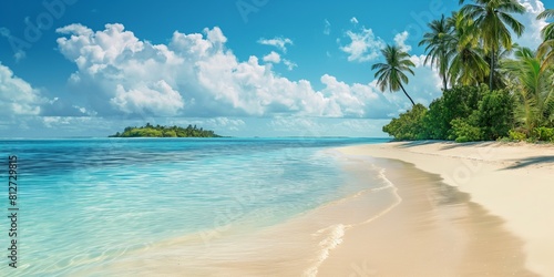 Tropical sandy beach with an island in the distance