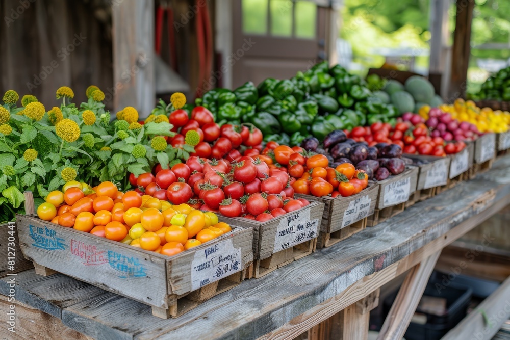 Food Ingredients: Fresh Organic Produce Display at a Farmer's Market Stand