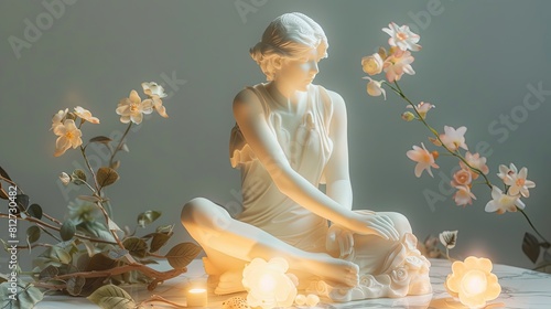 photo of vailed female sculpture full body, natural position, with flowers around, a lot of light in the photo, aesthetic dainty feeling photo