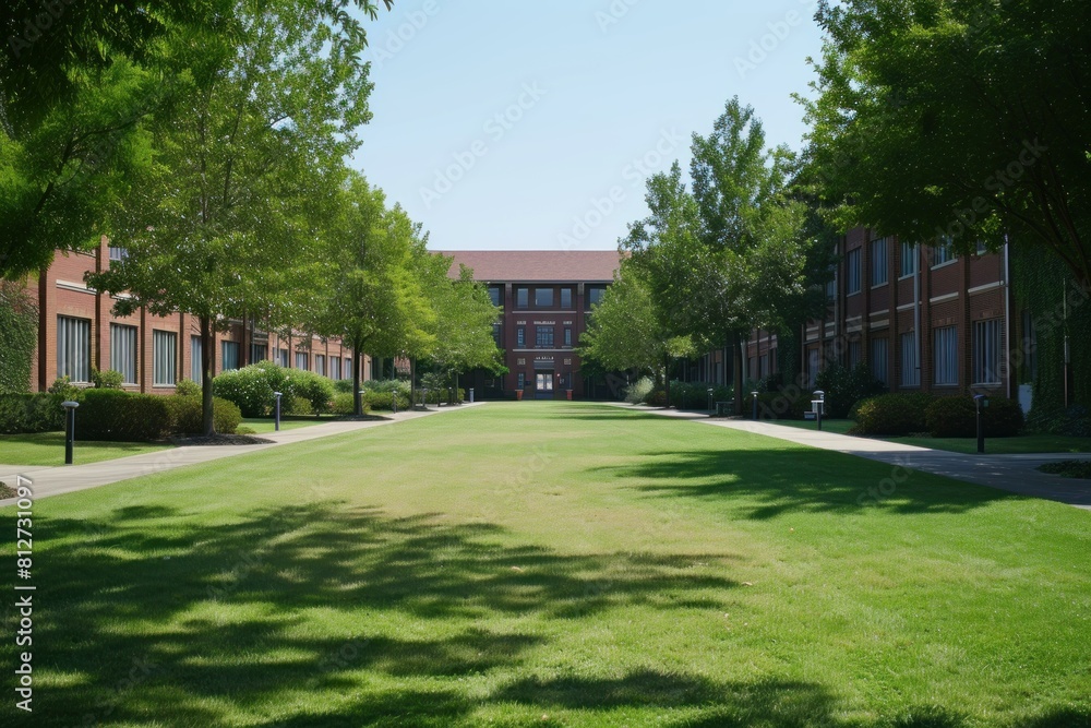 Fototapeta premium Tranquil and serene university campus walkway surrounded by lush greenery. Modern buildings. And peaceful