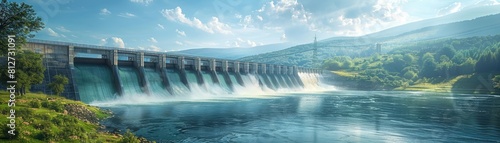 The artistic representation of a hydroelectric dam functioning  highlighting the generation of renewable energy through dynamic water currents and verdant landscapes