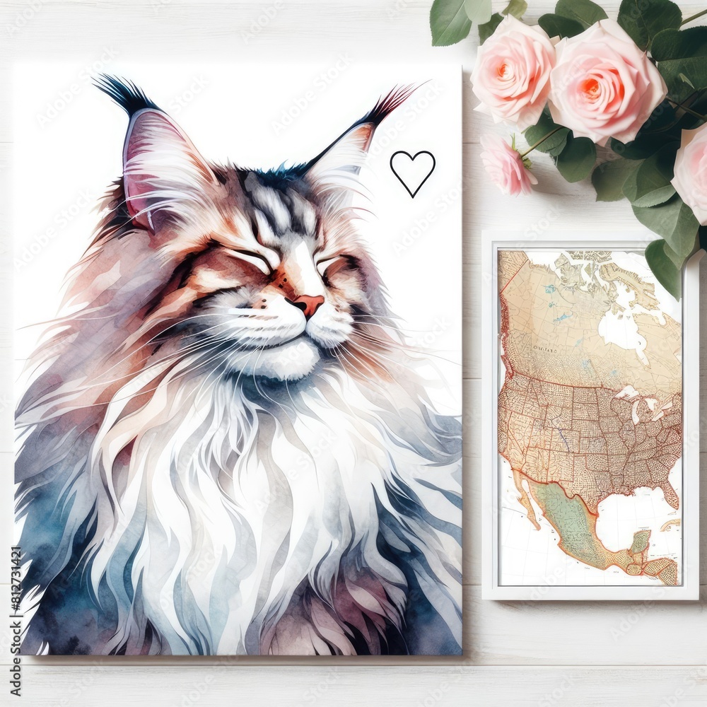 Cat Map Drawing A painting of a cat and a map of the world image realistic harmony has ...