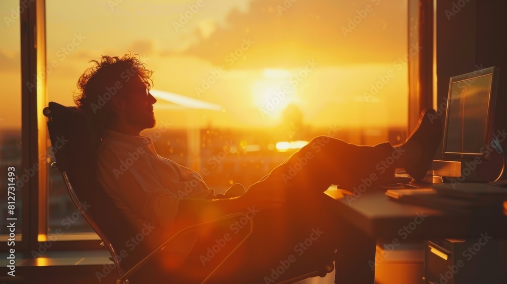 A serene image of an individual with feet up on a desk, enjoying a breathtaking sunset from the comfort of an office space