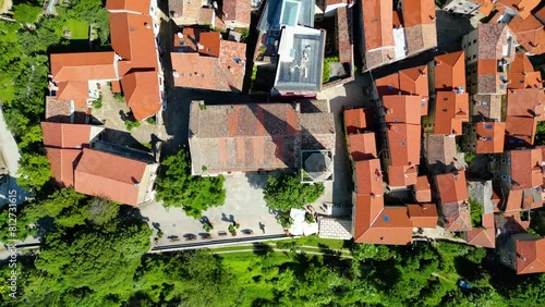 Groznjan, nestled in the heart of Istria, Croatia, is a charming small town steeped in history and culture, and it serves as one of the points along the Parenzana route from the air photo