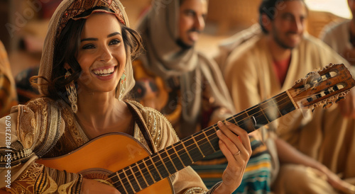 A beautiful woman in an Arabian dress plays the guitar and smiles while sitting with other people © Kien