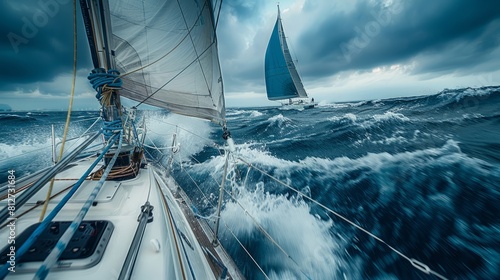 High-speed sailing on a stormy sea with a large blue spinnaker.