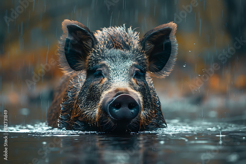A wild boar is swimming in a body of water. photo