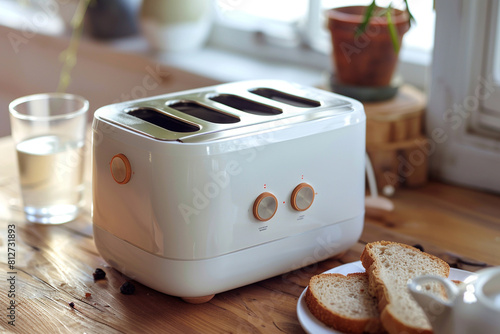 A white toaster with a bagel setting, toasting one side while warming the other.