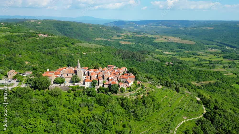 Groznjan, nestled in the heart of Istria, Croatia, is a charming small town steeped in history and culture, and it serves as one of the points along the Parenzana route from the air Groznjan, nestled in the heart of Istria, Croatia, is a charming small town steeped in history and culture, and it serves as one of the points along the Parenzana route from the air
