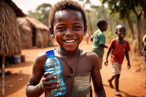 Happy african boy holding water bottle to quench thirst during drought