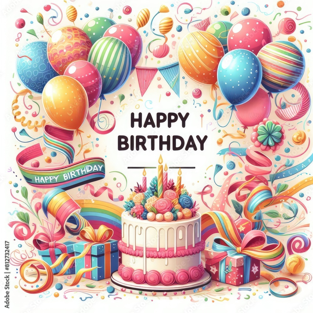 Fototapeta premium birthday cards card with a cake and balloons art attractive has illustrative meaning illustrator.