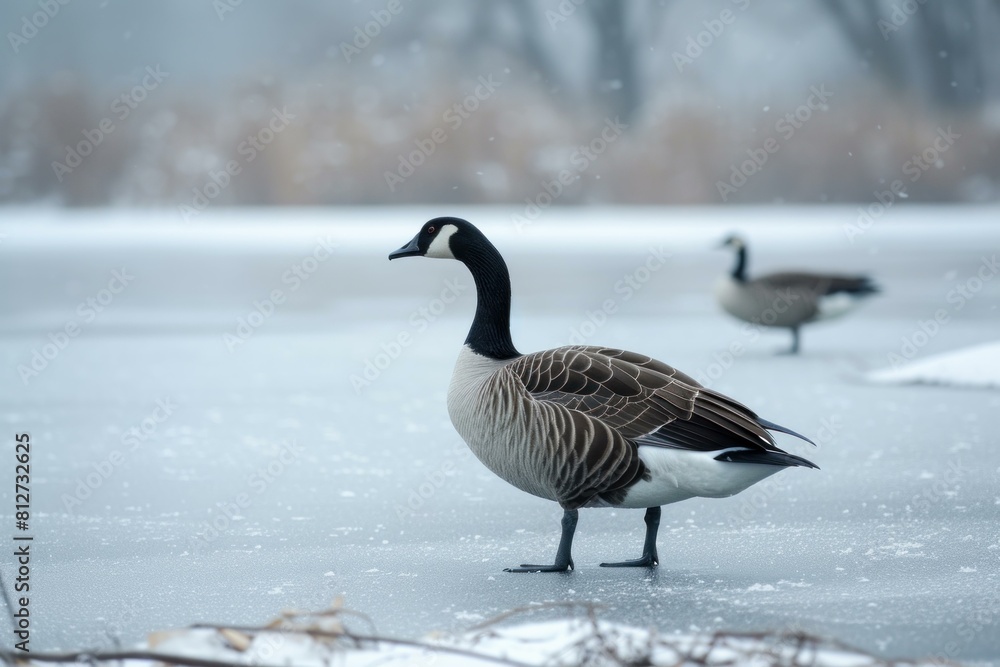 Canadian geese stand gracefully on the ice, amidst a gentle snowfall by a tranquil frozen lake Canadian geese stand gracefully on the ice, amidst a gentle snowfall by a tranquil frozen lake