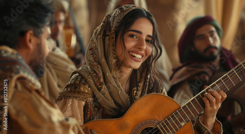 A beautiful woman in an Arabian dress plays the guitar and smiles while sitting with other people