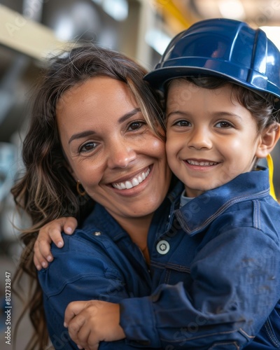 A woman in workwear and child hugging, both wearing safety helmets, portraying a family moment in an industrial setting