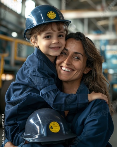 Joyful smiling mother embracing her child, both in matching safety gear, showcasing family support in a work environment