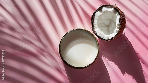Coconut Halves with Milk on Pink Background, Tropical Fruit, Top-Down View, Fresh Coconut, Minimalistic Food Photography, Exotic Ingredient