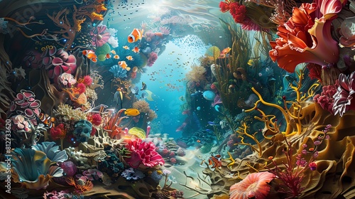 Capture the essence of surrealism in an underwater wonderland from a strikingly unexpected vantage point Merge realism with fantasy as the viewer plunges into a chaos of colors and