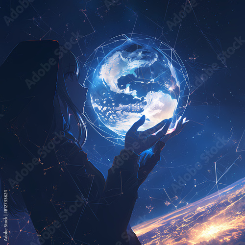 Visionary Depiction of a Woman Holding a Planet Earth Globe in a Cosmic Setting for Inspirational Content photo