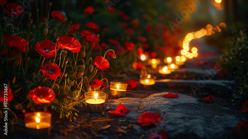 Lit candles set among poppies at night, memorializing a path of honor  Memorial Day.