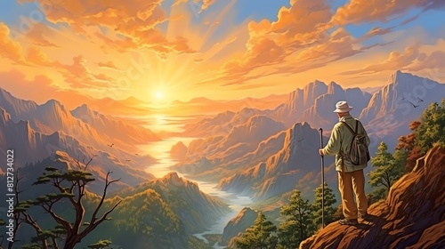 Mountain Triumph Older man with a cane reaches a mountain peak, enjoying the sunset
