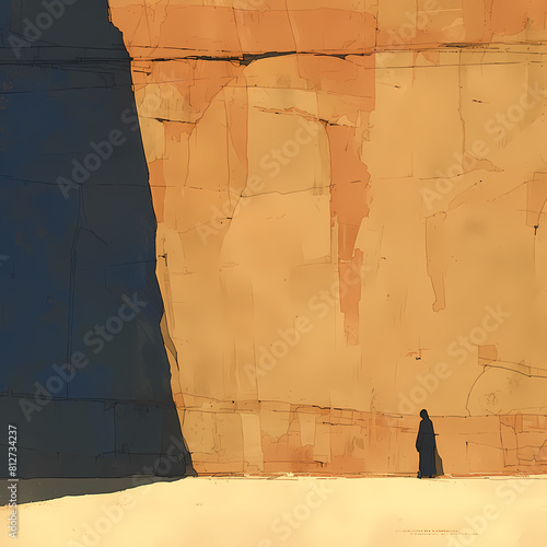 A solitary figure embarks on a daring desert climb amidst the breathtaking backdrop of ancient ruins. photo