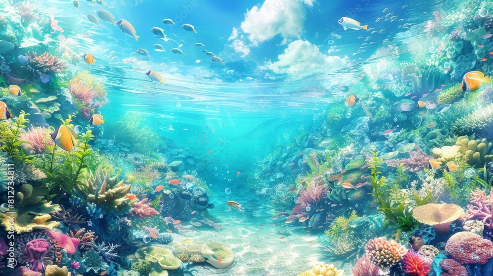 Obraz premium Vibrant Underwater Seascape with Tropical Fish and Coral Reef