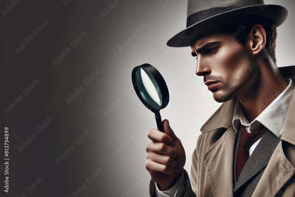 A detective with a magnifying glass. Space for text. A detective with a magnifying glass. Space for text.