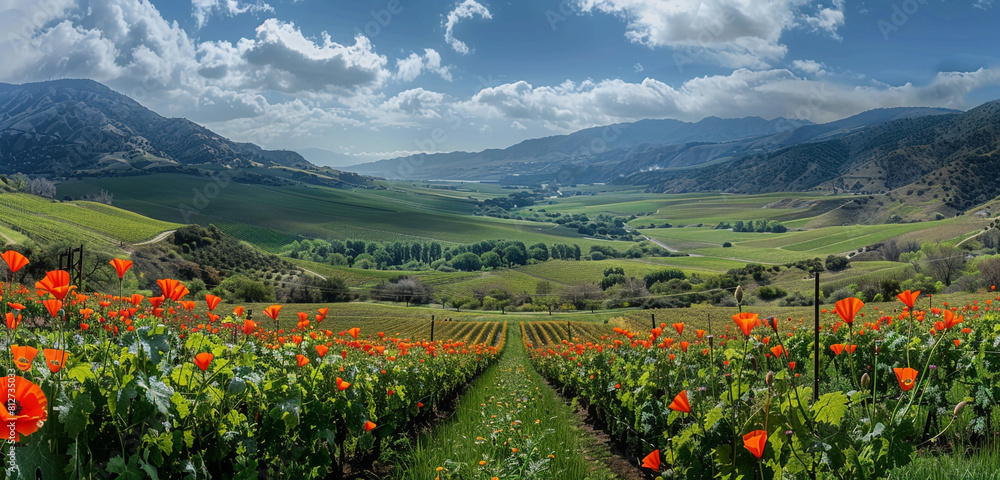 Valley panorama with poppies and vineyards, reflecting Memorial Day growth and remembrance.