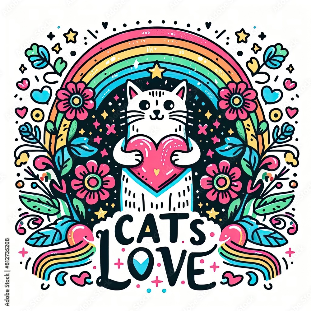 A cat holding a heart surrounded by flowers and rainbows photo attractive has illustrative meaning has illustrative meaning illustrator. A cat holding a heart surrounded by flowers and rainbows photo attractive has illustrative meaning has illustrative meaning illustrator.